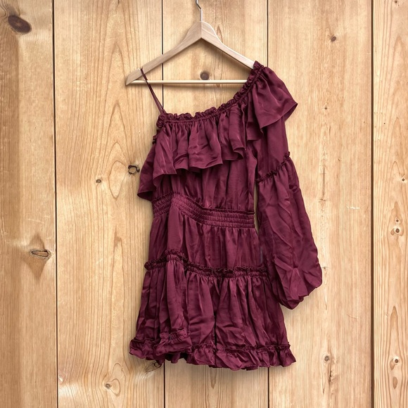 MISA Los Angeles Lucien Dress Off Shoulder Mini Satin Ruffle Cranberry Sz XS - Picture 5 of 11